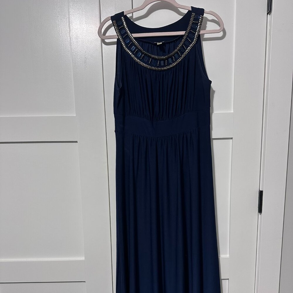 HAANI Petite semi-formal sleeveless dress with bead detailing navy blue size PL